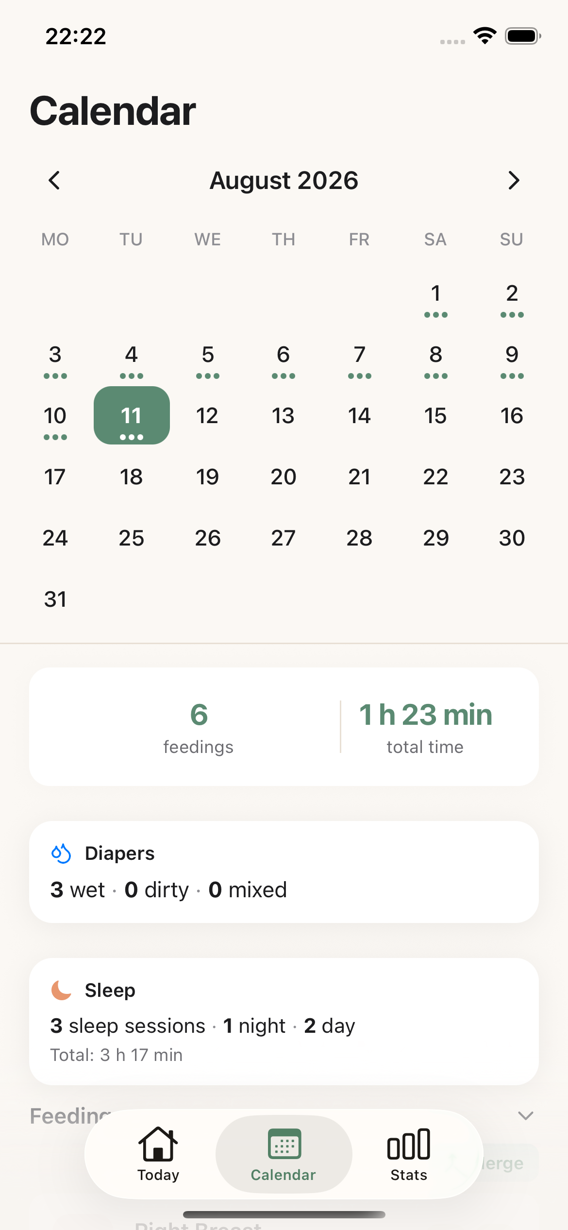 Calendar screen in Baby Tracker: Care Log