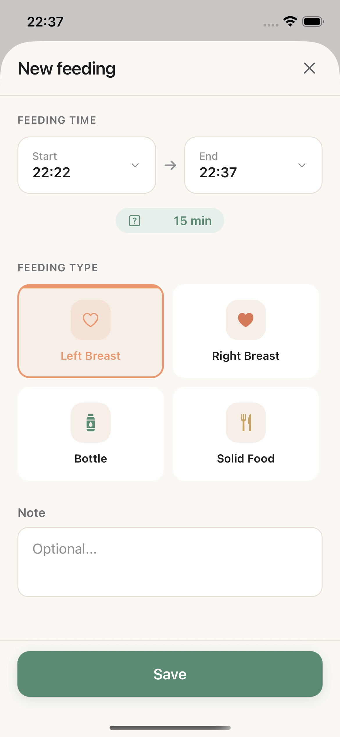 New feeding screen in Baby Tracker: Care Log