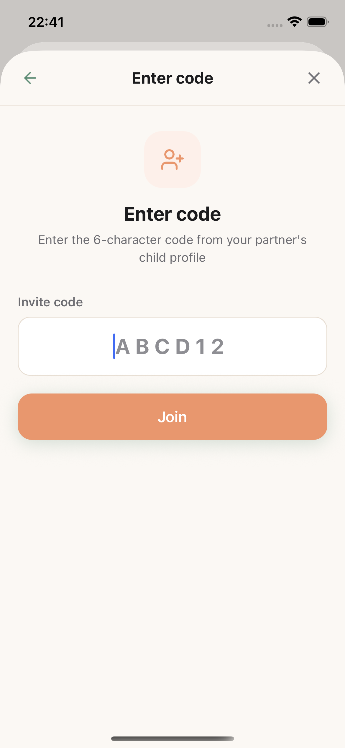 Partner invite code screen in Baby Tracker: Care Log
