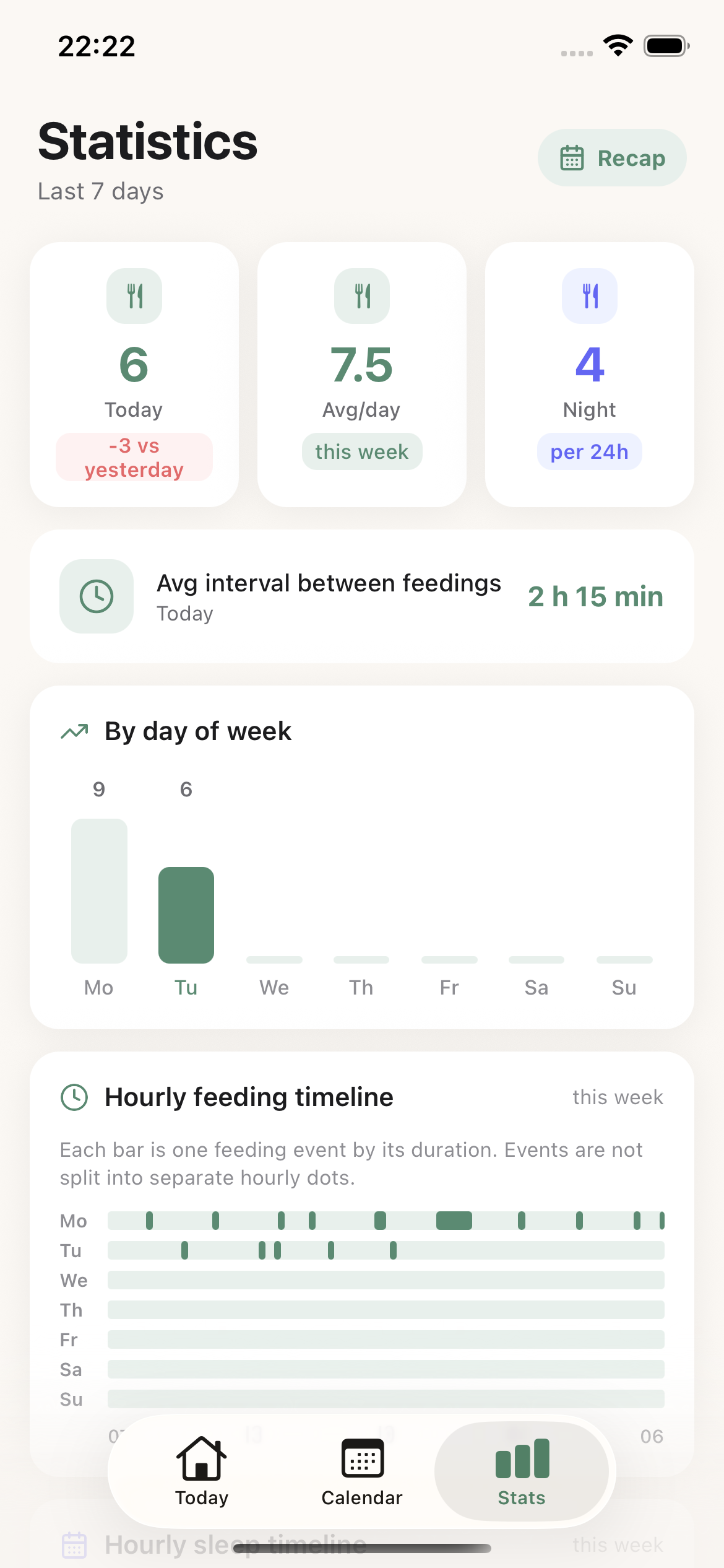 Statistics screen in Baby Tracker: Care Log