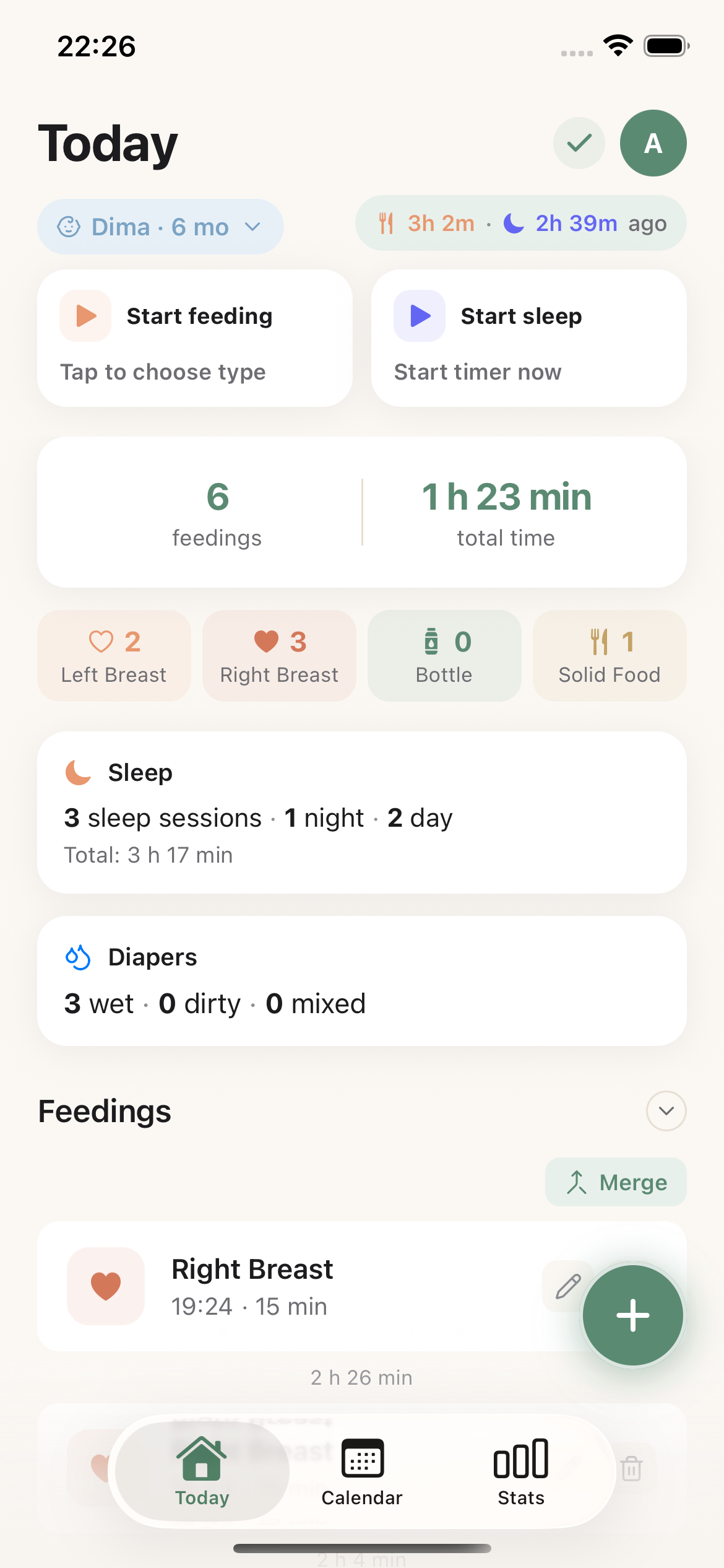 Today screen in Baby Tracker: Care Log